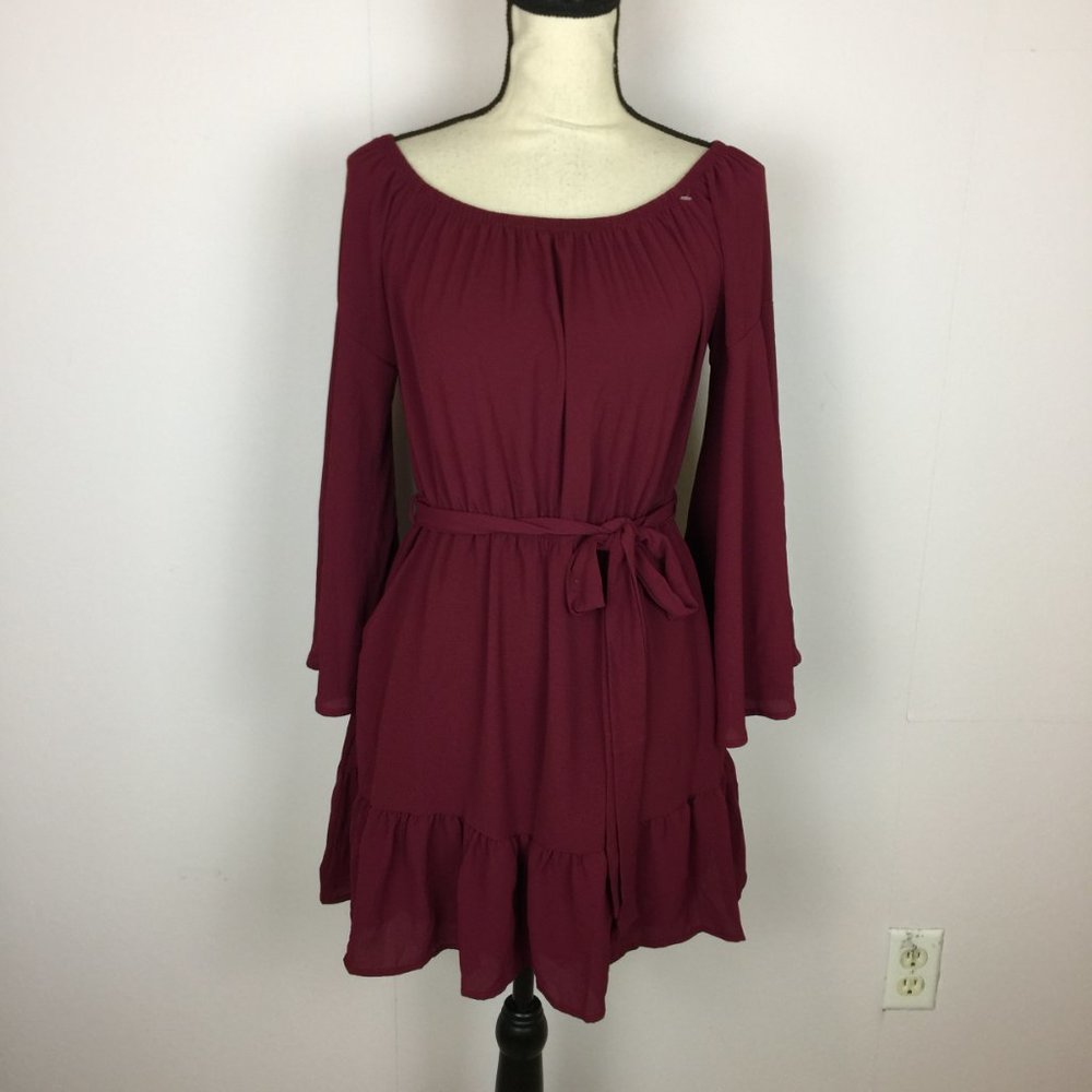 Vici Mini Dress Size M Womans Burgundy Red Long Flare Sleeve Ruffle Hem Belted